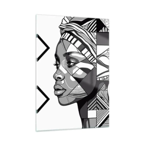 Obraz na szkle - Czarno-biały etniczny portret kobiety w geometrycznych wzorach - 50x70cm - Portret etniczny - Nowoczesna dekoracja ścienna do salonu, kuchni i sypialni ARTTOR