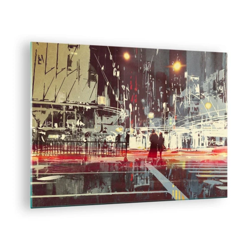 Obraz na szkle - Nocny krajobraz miasta z neonowymi światłami i sylwetkami przechodniów - 70x50cm - Wielkomiejska przeprawa - Nowoczesna dekoracja ścienna do salonu i sypialni ARTTOR