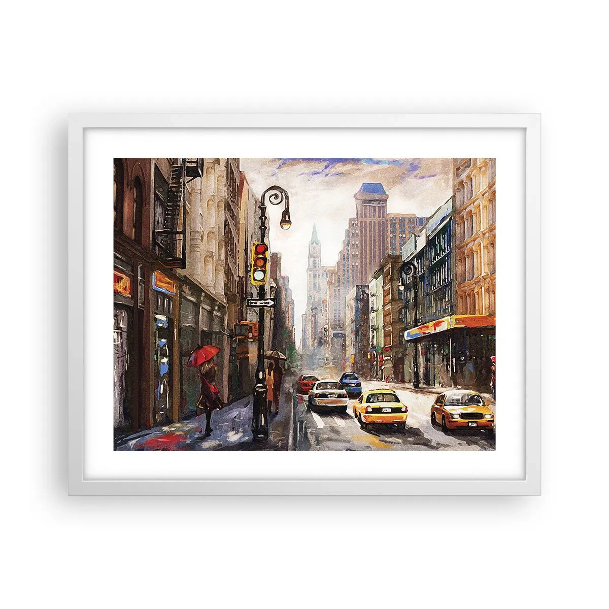Plakat w białej ramie - Nowy Jork – w deszczu tez kolorowy - 50x40 cm