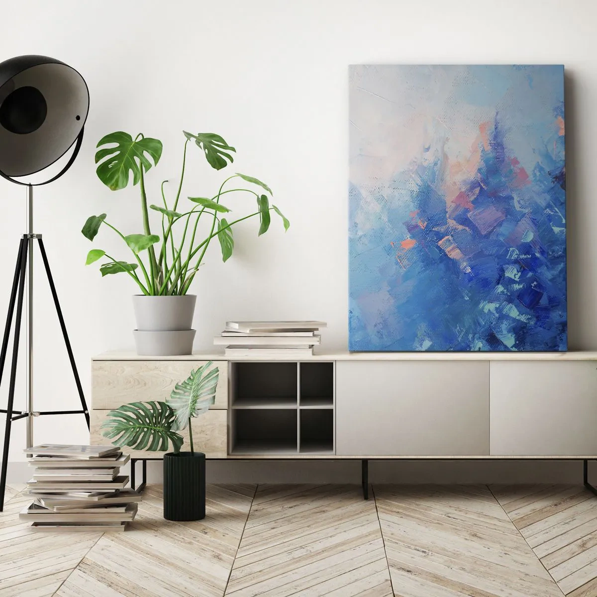 Obraz na płótnie - Abstrakcyjna kompozycja w odcieniach błękitu i fioletu - 50x70cm - Zimowa abstrakcja - Nowoczesna dekoracja ścienna do salonu, kuchni i sypialni ARTTOR