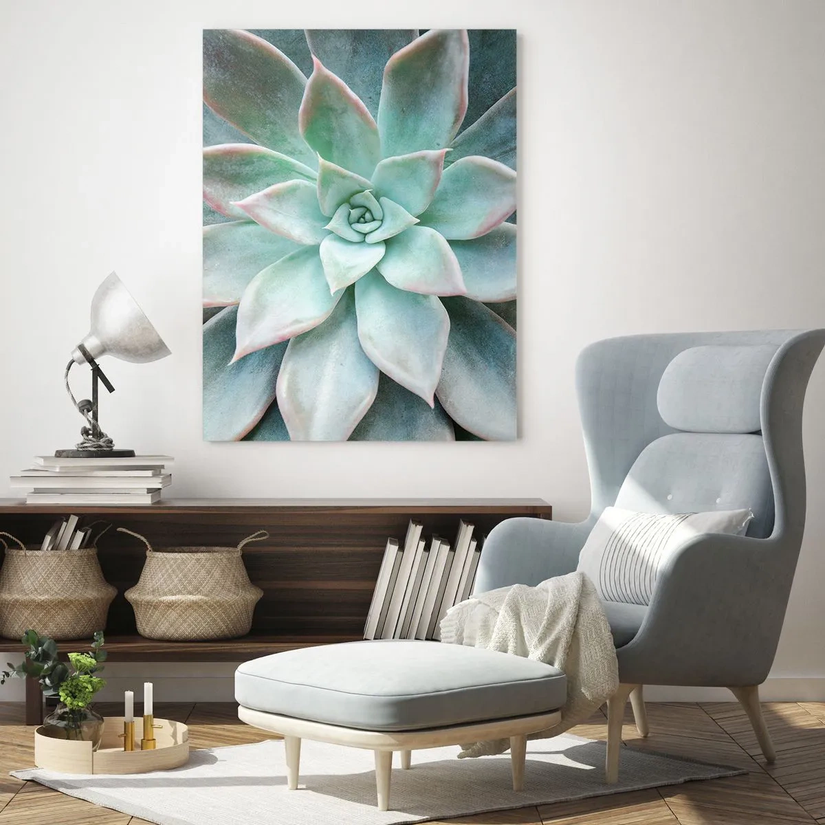 Obraz na szkle - Suche liście sukulenta o delikatnym, szaro-zielonym odcieniu - 50x70cm - Serce pustyni - Nowoczesna dekoracja ścienna do salonu, kuchni i sypialni ARTTOR