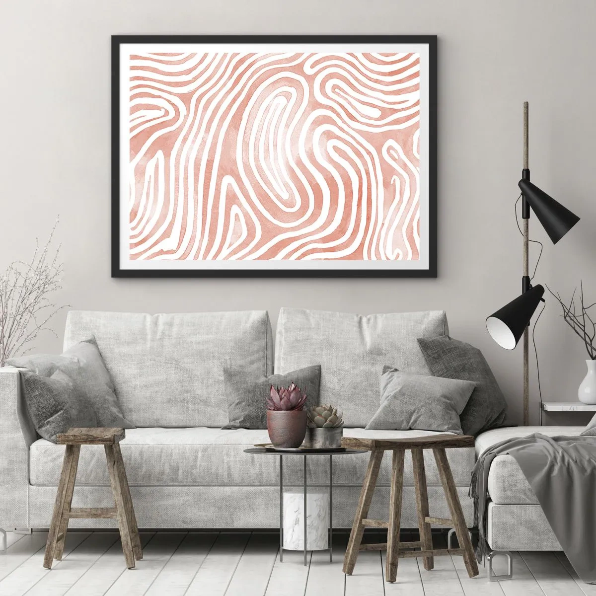 Plakat w czarnej ramie - Abstrakcyjny wzór w odcieniach różu i bieli - 70x50cm - W koralowym labiryncie - Nowoczesna dekoracja ścienna do salonu i sypialni ARTTOR