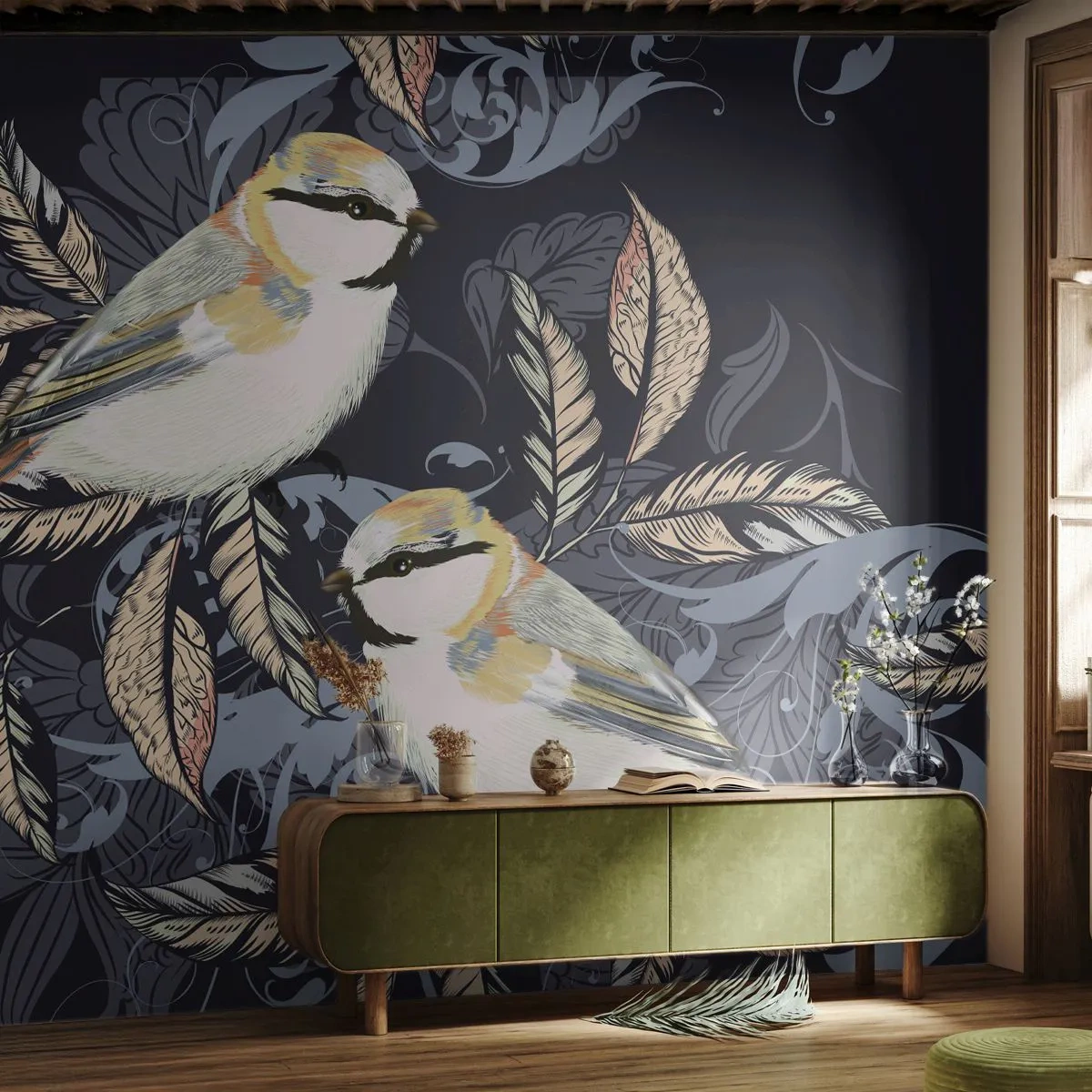 Fototapeta Standard Eco - Ilustracja ptaków na ciemnym tle z ornamentami - 100x70cm - Żółto-błękitny trel - Nowoczesna dekoracja ścienna do salonu i sypialni ARTTOR