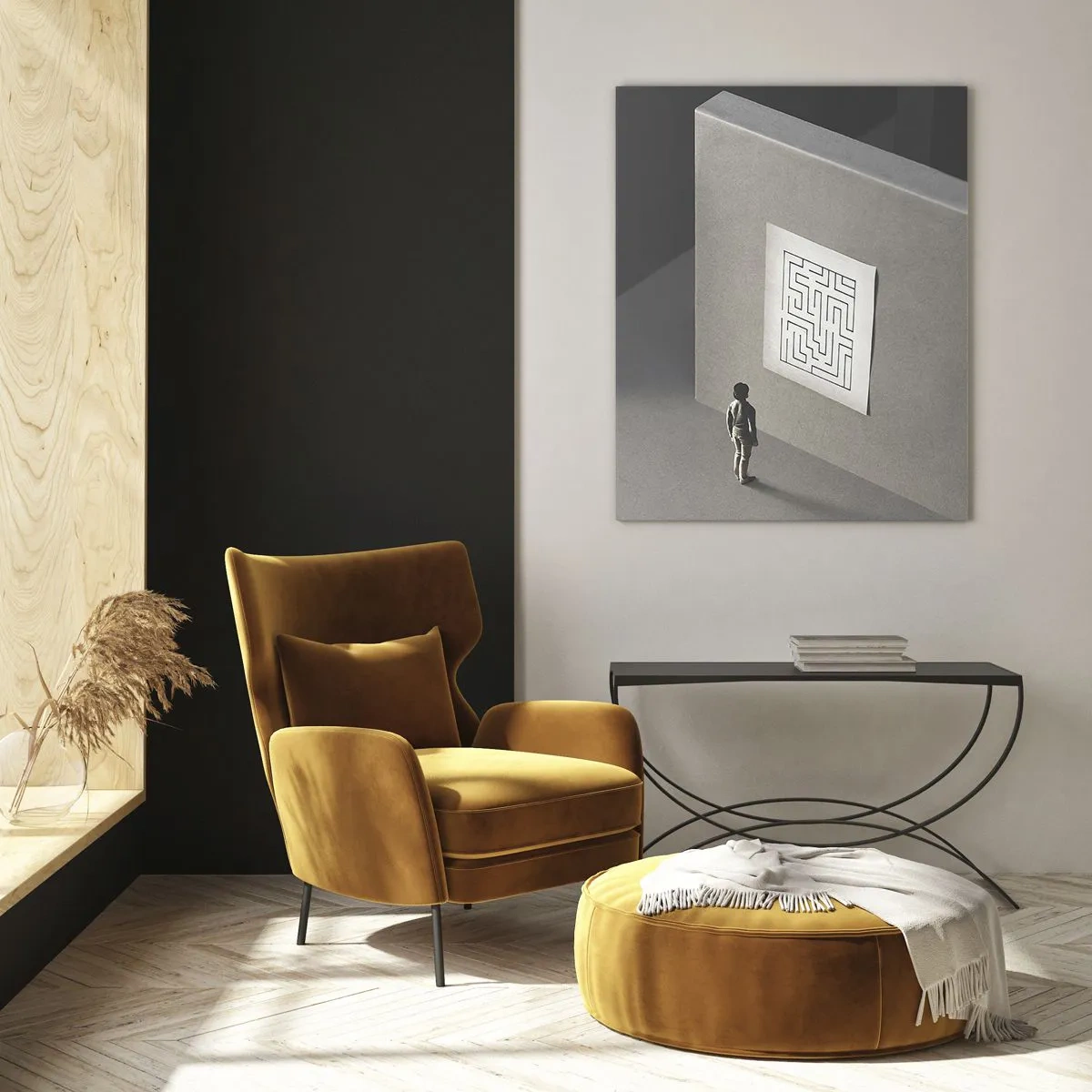 Obraz na szkle - Dziecko w labiryncie z symbolem zagadki - 50x70cm - Ale gdzie jestem? - Nowoczesna dekoracja ścienna do salonu, kuchni i sypialni ARTTOR