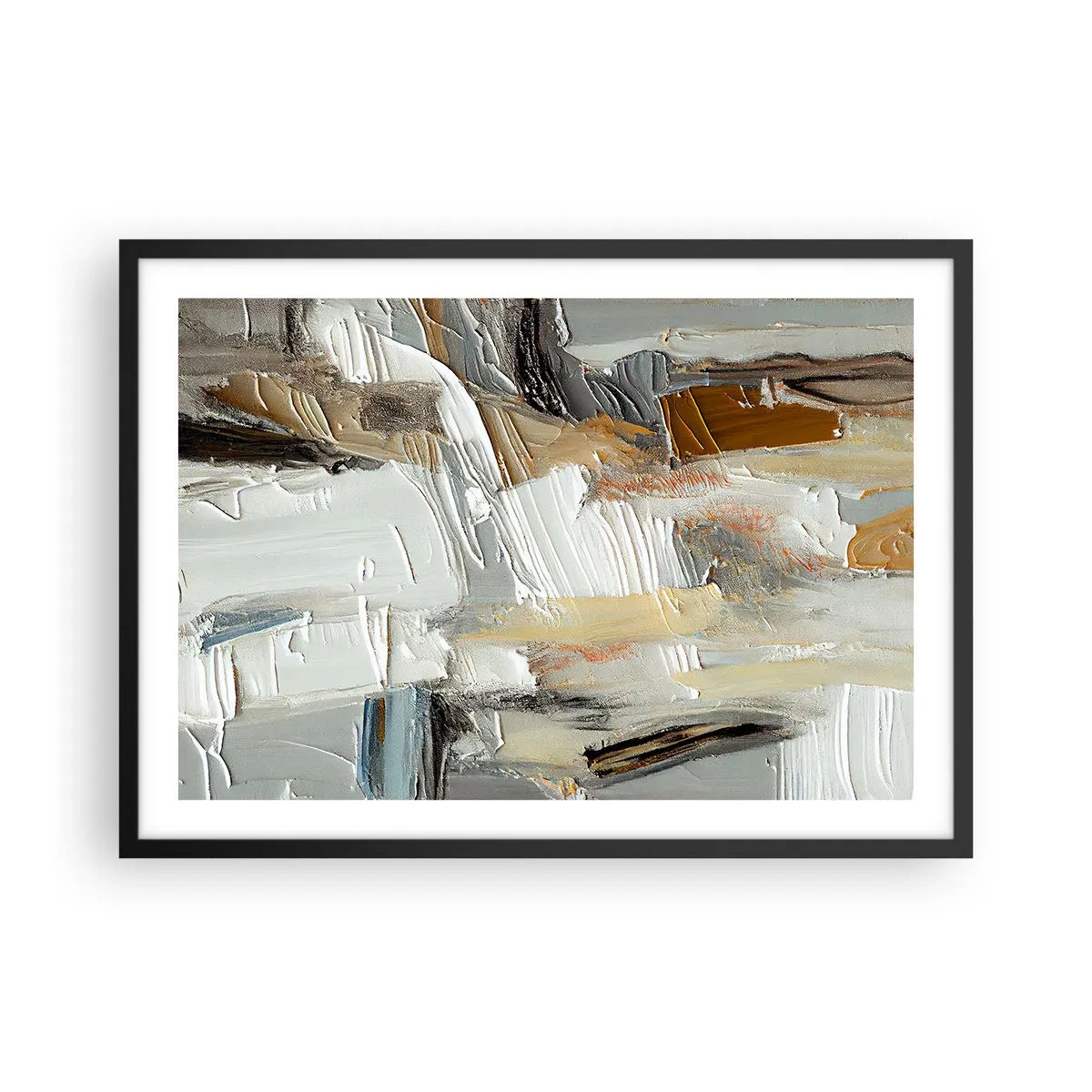Plakat w czarnej ramie - Teksturalna abstrakcja w odcieniach ziemi i bieli - 70x50cm - Barwne nawarstwienia - Nowoczesna dekoracja ścienna do salonu i sypialni ARTTOR