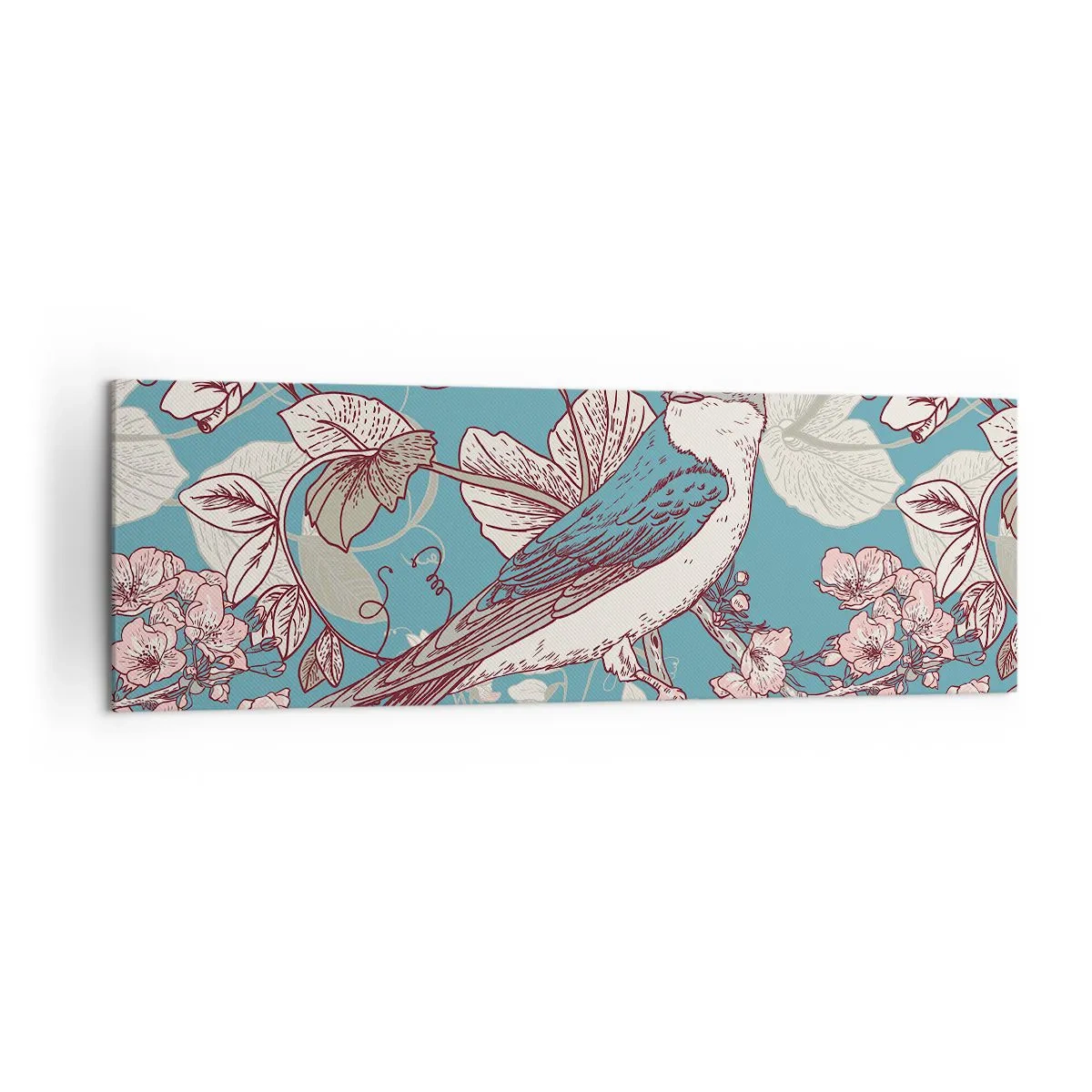 Obraz na płótnie - Ptak na gałęzi w delikatnym floralnym stylu - 160x50cm - W białodrzewiu ćwirnie i srebliście - Nowoczesna dekoracja ścienna do salonu i sypialni ARTTOR