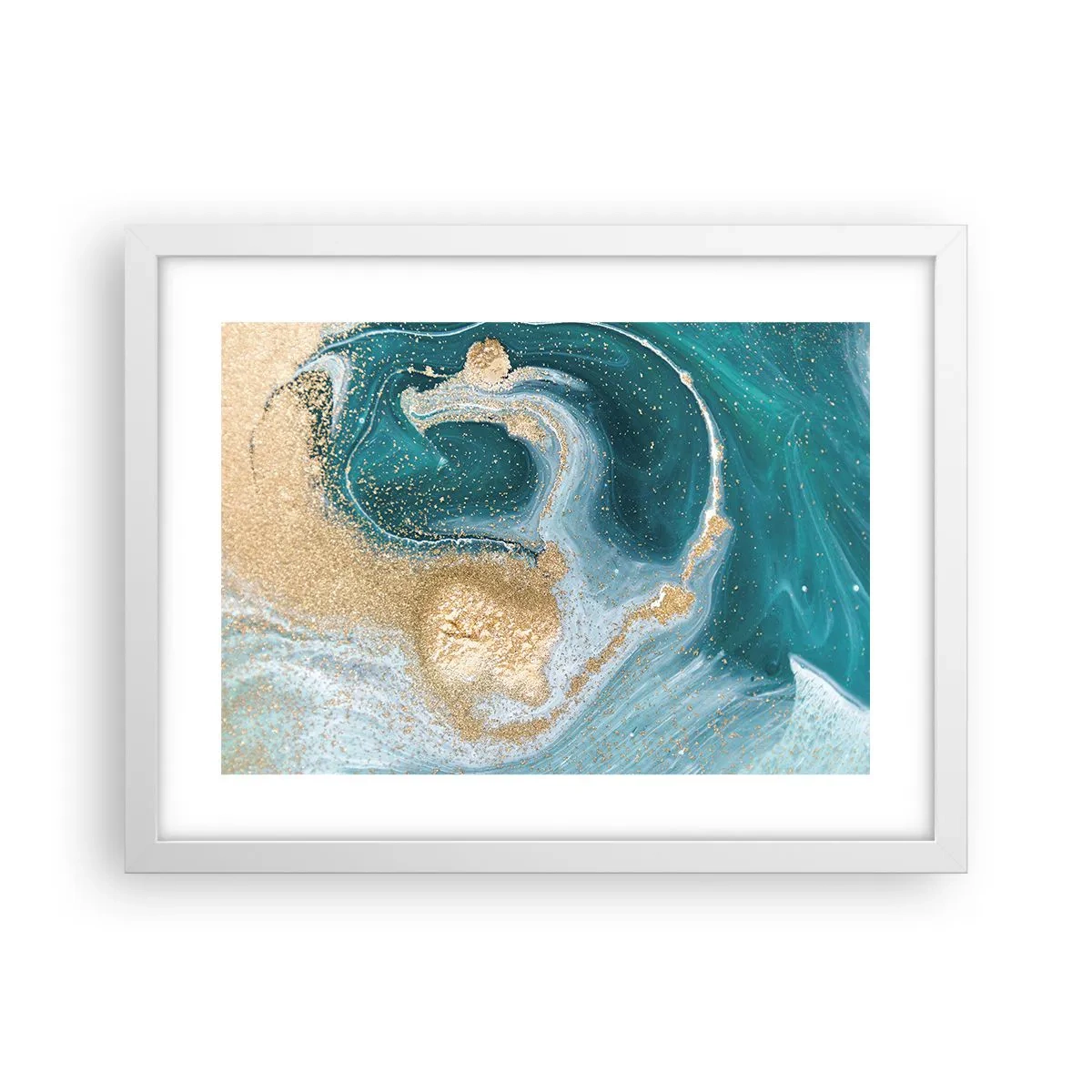 Plakat w białej ramie - Wir złota i turkusu - 40x30 cm