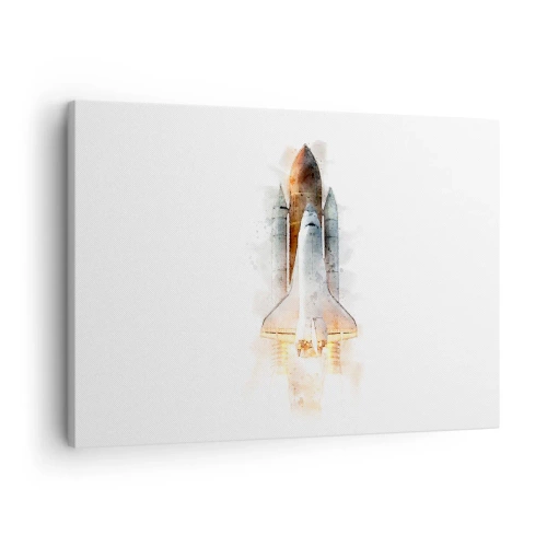 Obraz na płótnie - Startujący prom kosmiczny w artystycznej akwarelowej interpretacji - 70x50cm - Odkrywcy na start - Nowoczesna dekoracja ścienna do salonu i sypialni ARTTOR