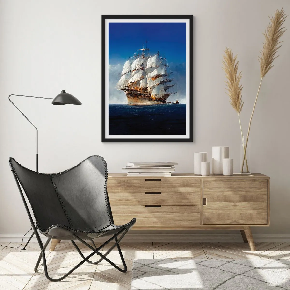 Plakat w czarnej ramie - Żaglowiec na pełnym morzu pod pełnymi żaglami w świetle słońca - 50x70cm - The great glory! - Nowoczesna dekoracja ścienna do salonu i sypialni ARTTOR