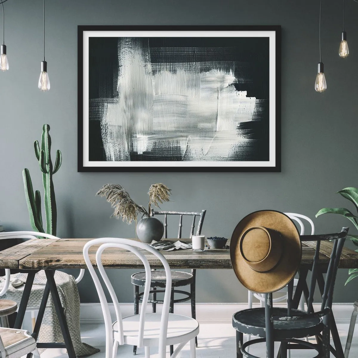 Plakat w czarnej ramie - Białe abstrakcyjne pociągnięcia na ciemnym tle - 70x50cm - Utkane z pionu i poziomu - Nowoczesna dekoracja ścienna do salonu i sypialni ARTTOR