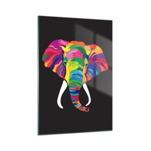 Obraz na szkle - Kolorowy słonik na czarnym tle w artystycznym stylu - 50x70cm - Słoń, który kochał kąpać się w tęczy - Nowoczesna dekoracja ścienna do salonu, kuchni i sypialni ARTTOR