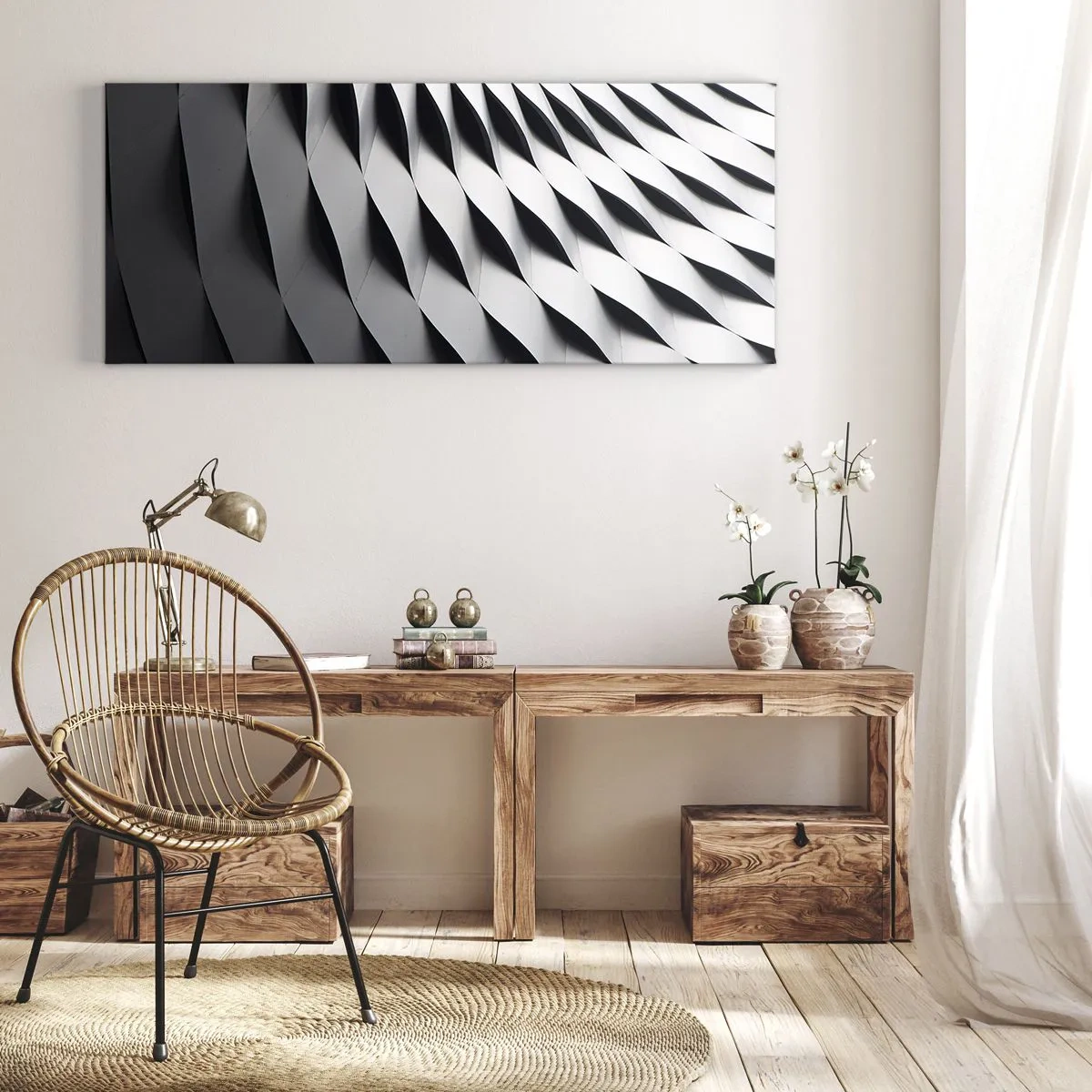 Obraz na płótnie - Abstrakcyjny wzór geometryczny w odcieniach czerni i bieli - 140x50cm - Na powierzchni fal - Nowoczesna dekoracja ścienna do salonu i sypialni ARTTOR
