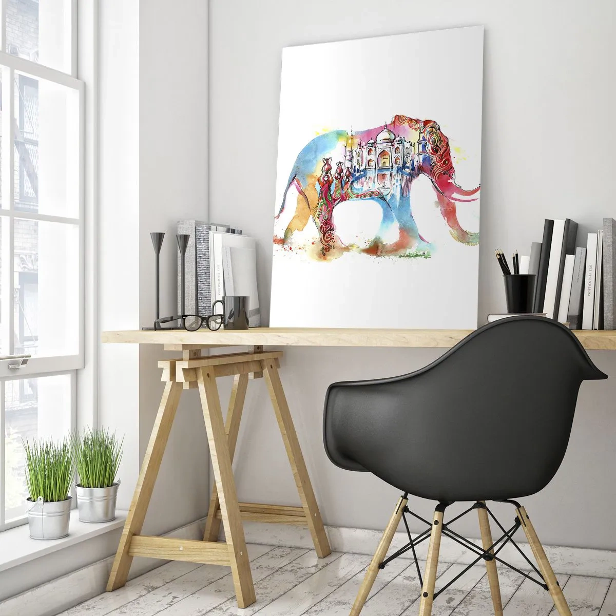 Obraz na szkle - Kolorowa akwarela słonia z motywem Taj Mahal - 70x100cm - Indie - aura miłości - Nowoczesna dekoracja ścienna do salonu i sypialni ARTTOR