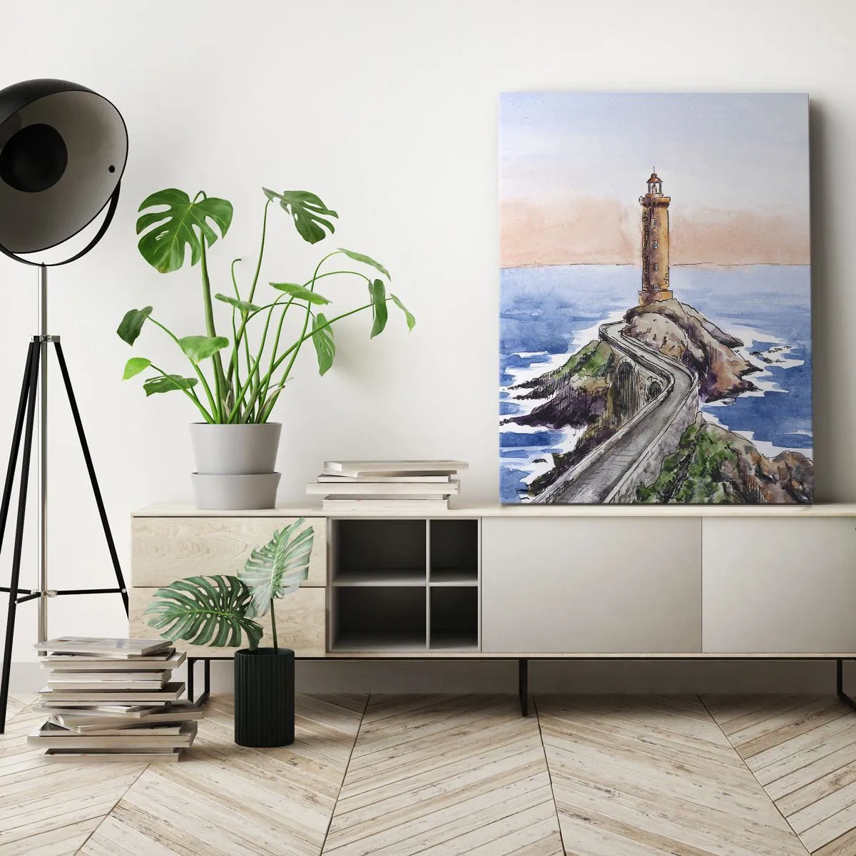 Obraz na płótnie - Akwarelowa ilustracja latarni morskiej na skalistym wybrzeżu - 50x70cm - Zwrócona ku morzu - Nowoczesna dekoracja ścienna do salonu, kuchni i sypialni ARTTOR