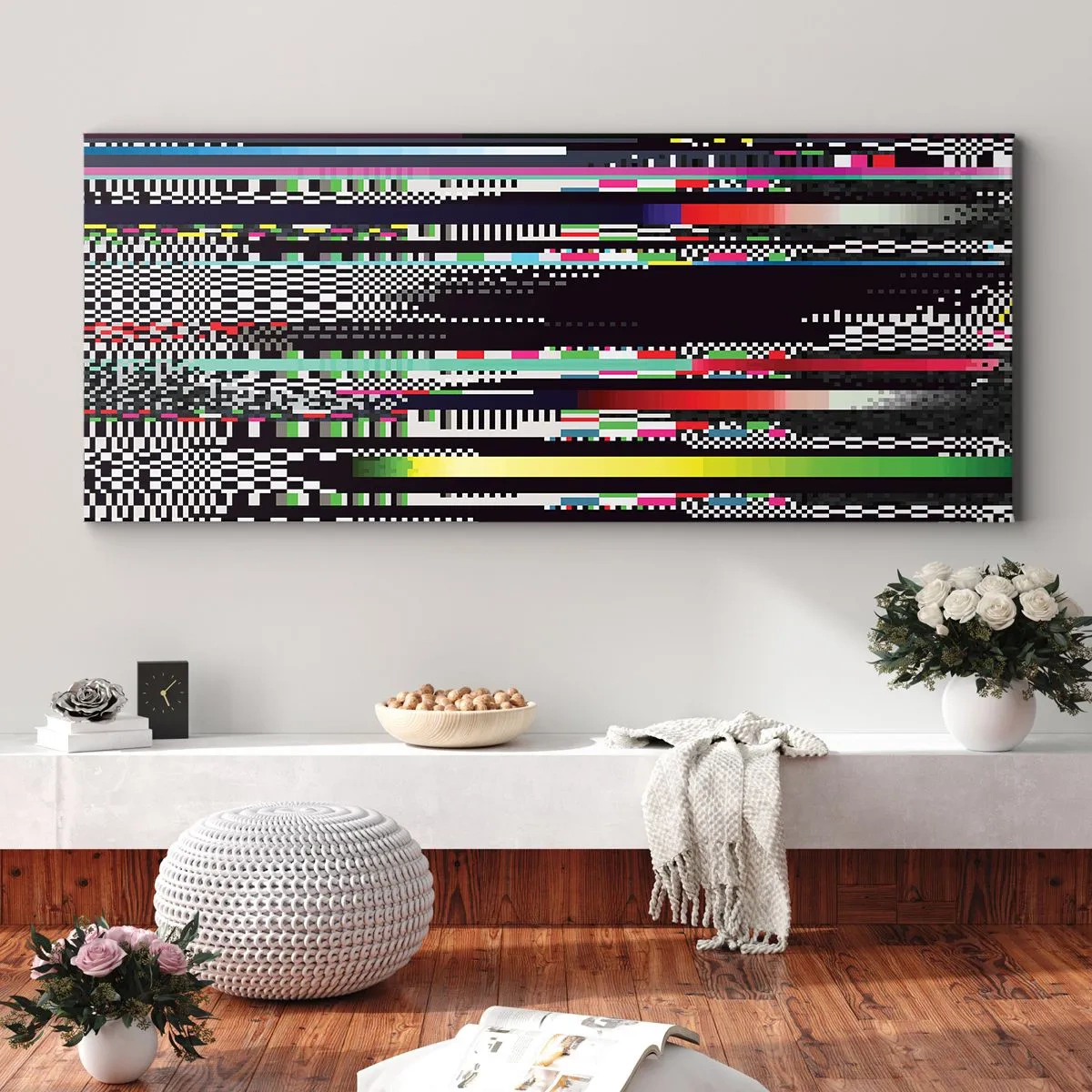 Obraz na płótnie - Kolorowe linie i piksele w abstrakcyjnym stylu - 120x50cm - Obraz konrolny rzeczywistości - Nowoczesna dekoracja ścienna do salonu i sypialni ARTTOR
