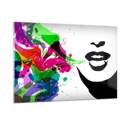 Obraz na szkle - Kolorowa abstrakcja z kobiecym profilem i plamami barw - 120x80cm - Opowieść w kolorach tęczy - Nowoczesna dekoracja ścienna do salonu, kuchni i sypialni ARTTOR