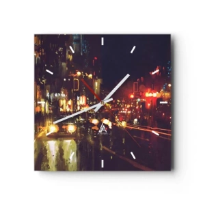 Zegar ścienny - Nocna scena miasta z kolorowymi światłami i refleksami na ulicy - 30x30cm - Zatopiona w światłach nocy - Nowoczesna dekoracja ścienna do salonu i sypialni ARTTOR