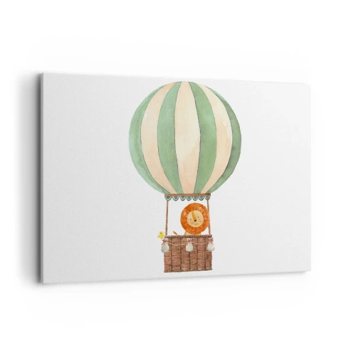 Obraz na płótnie - Balon z uśmiechniętym lwem w koszu w pastelowych barwach - 100x70cm - Podróże Leona - Nowoczesna dekoracja ścienna do salonu, kuchni i sypialni ARTTOR