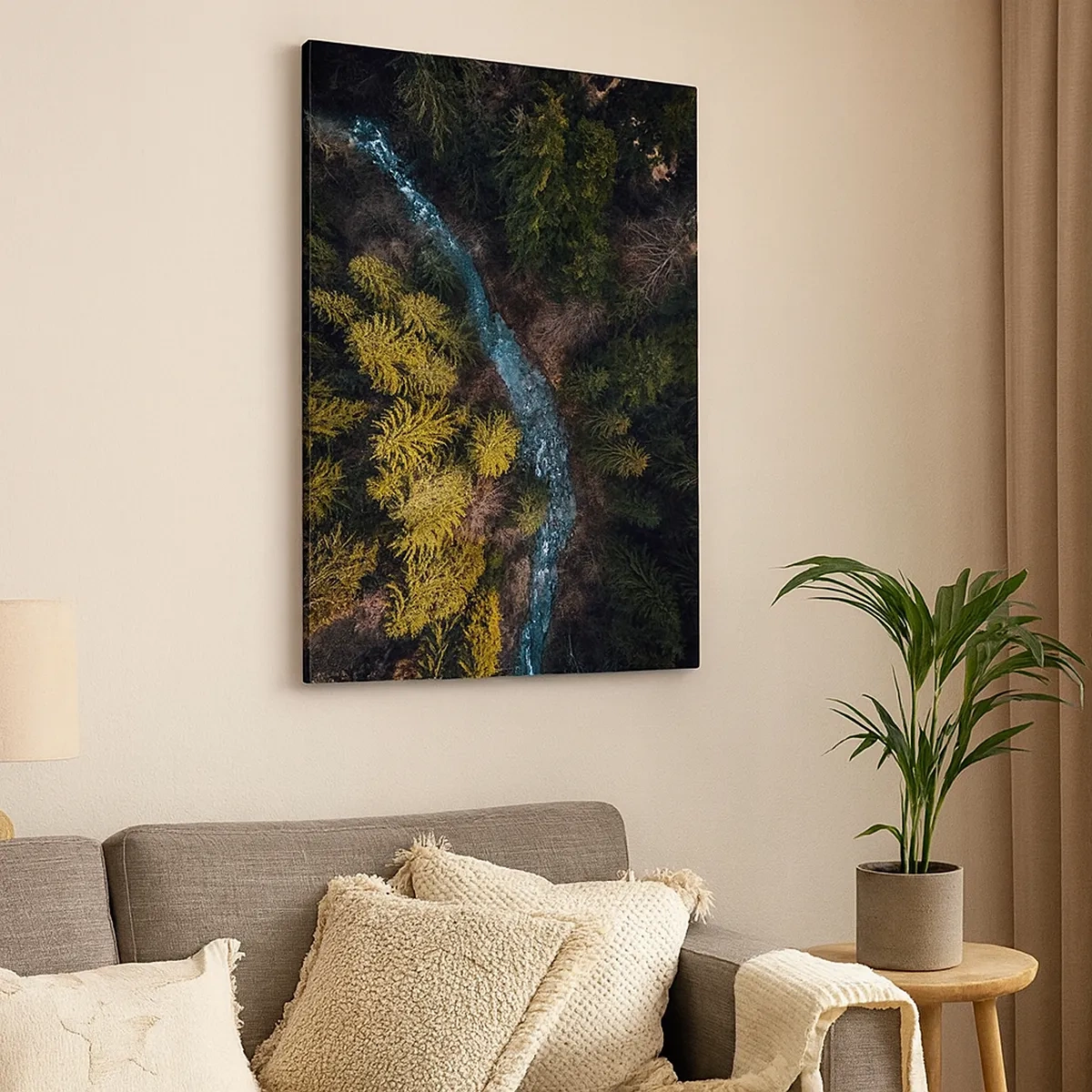 Obraz na płótnie - Widok z lotu ptaka na las z rzeką przecinającą krajobraz - 50x70cm - Szybko, coraz szybciej - Nowoczesna dekoracja ścienna do salonu, kuchni i sypialni ARTTOR