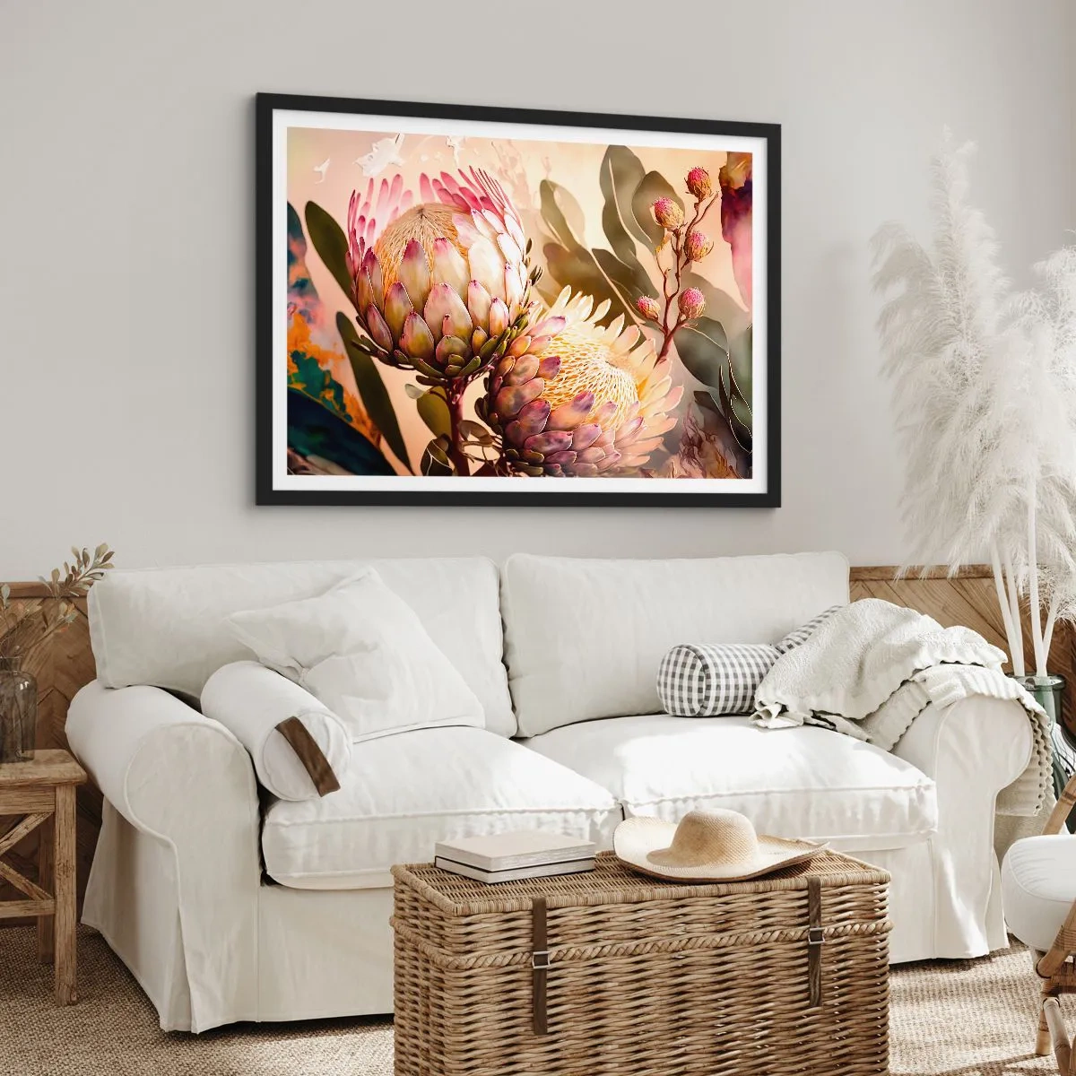 Plakat w czarnej ramie - Kolorowe kwiaty protei na delikatnym tle - 70x50cm - Czule objęte - Nowoczesna dekoracja ścienna do salonu i sypialni ARTTOR