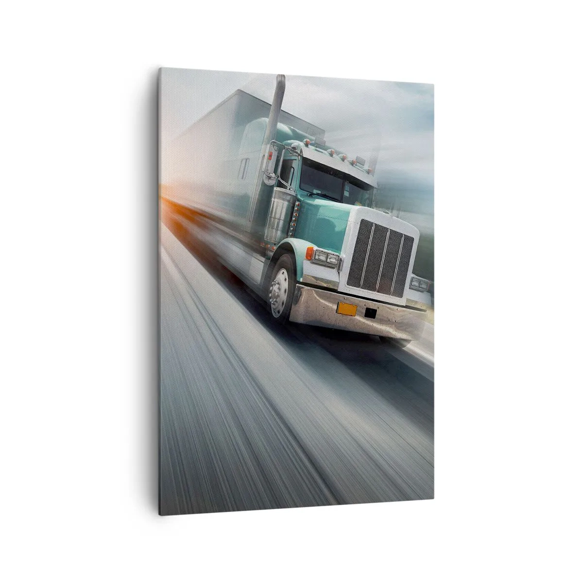 Obraz na płótnie - Ciężarówka na autostradzie w ruchu przy zachodzie słońca - 70x100cm - Amerykański olbrzym w pędzie - Nowoczesna dekoracja ścienna do salonu i sypialni ARTTOR
