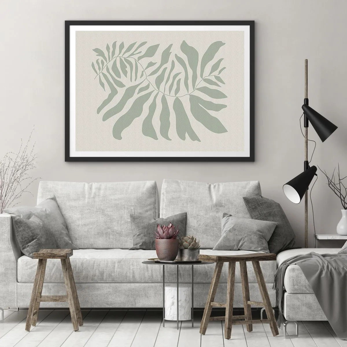 Plakat w czarnej ramie - Delikatny wzór gałązki z liśćmi w odcieniu szmaragdowej zieleni - 70x50cm - Szmaragdowa gałązka - Nowoczesna dekoracja ścienna do salonu i sypialni ARTTOR