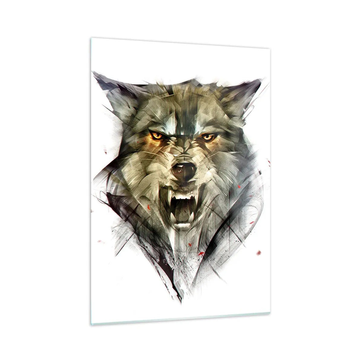Obraz na szkle - Grafika groźnego wilka z otwartym pyskiem i intensywnym spojrzeniem - 50x70cm - Ani kroku! - Nowoczesna dekoracja ścienna do salonu, kuchni i sypialni ARTTOR