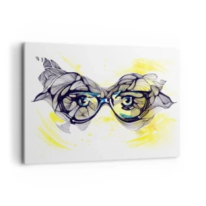 Obraz na płótnie - Artystyczna grafika okularów z wyrazistymi oczami - 100x70cm - Przez błękitne okulary - Nowoczesna dekoracja ścienna do salonu, kuchni i sypialni ARTTOR