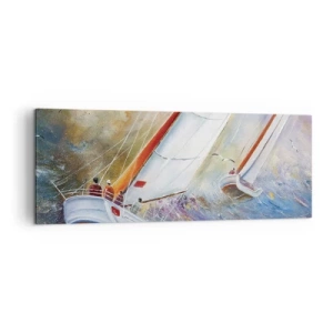 Obraz na płótnie - Żaglówki na wzburzonych falach w dynamicznej kompozycji - 140x50cm - Biegnące po falach - Nowoczesna dekoracja ścienna do salonu i sypialni ARTTOR