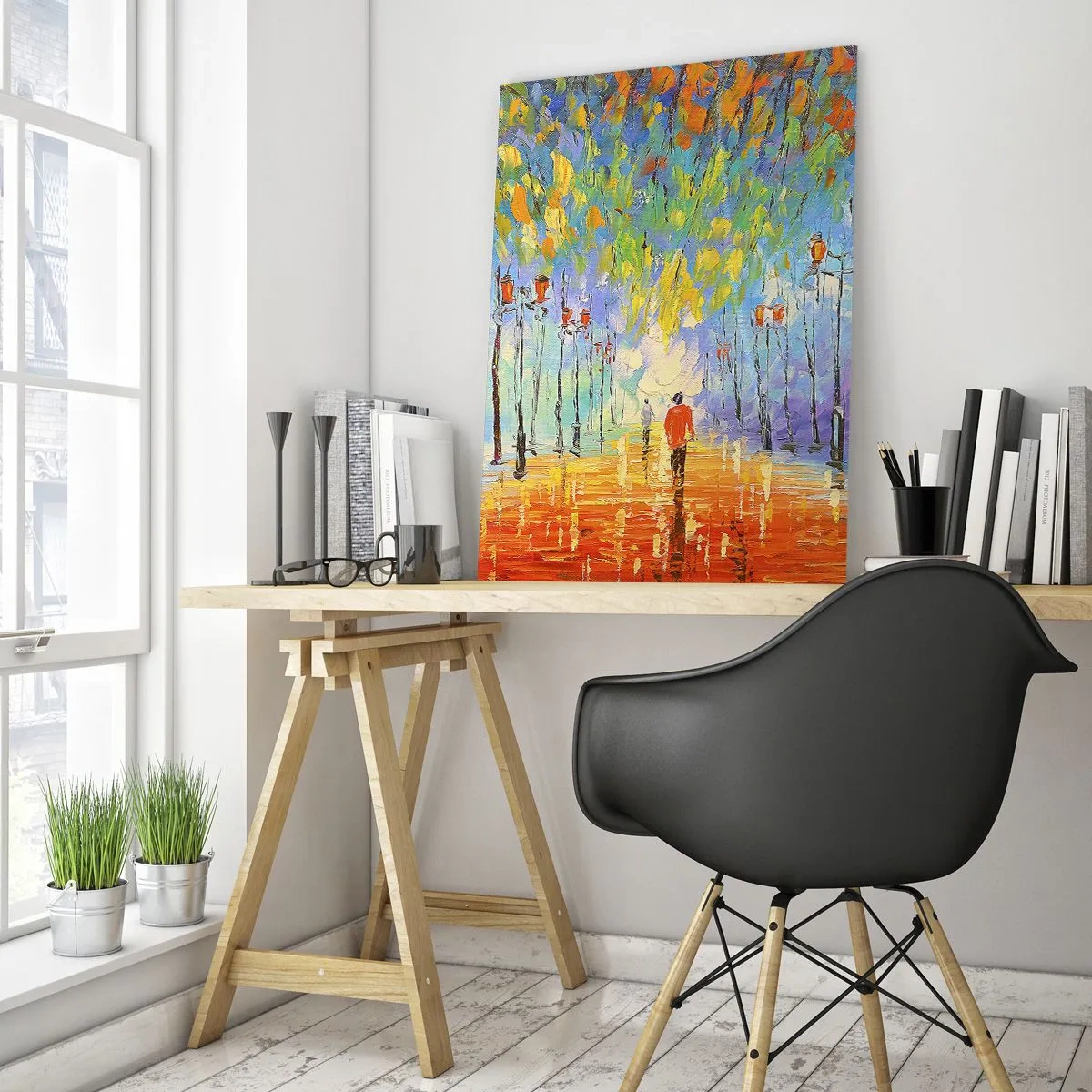 Obraz na szkle - Kolorowy park z alejką i latarniami w malarskim stylu - 50x70cm - Nocna piosenka deszczu - Nowoczesna dekoracja ścienna do salonu, kuchni i sypialni ARTTOR