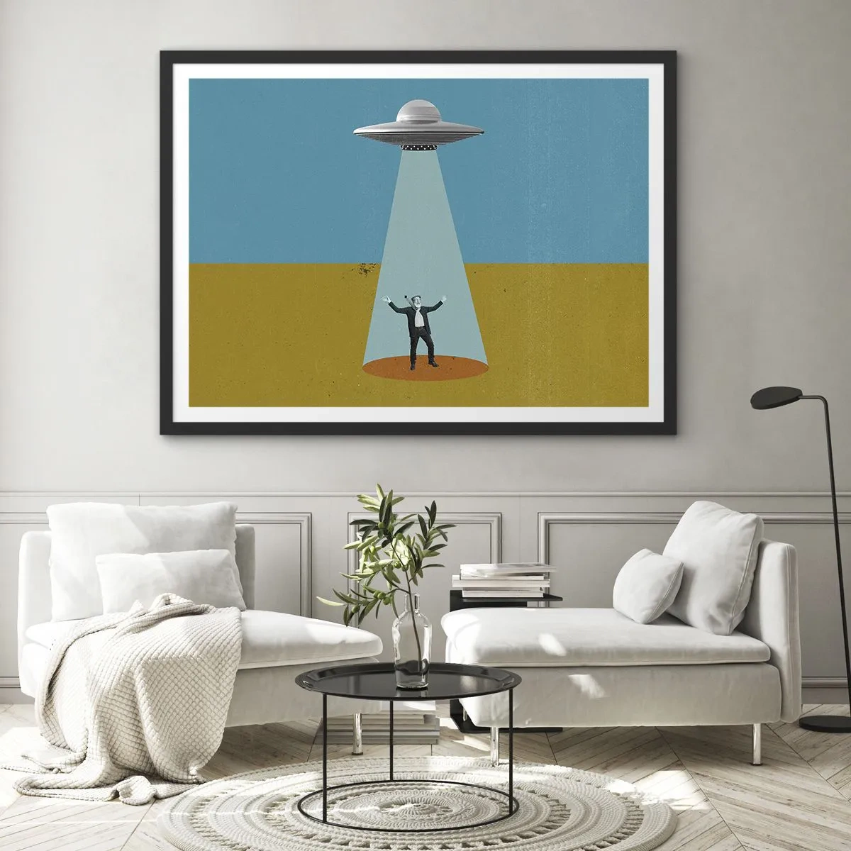 Plakat w czarnej ramie - Człowiek w świetle UFO na tle kolorowego pejzażu - 70x50cm - Bliskie spotkanie - Nowoczesna dekoracja ścienna do salonu i sypialni ARTTOR