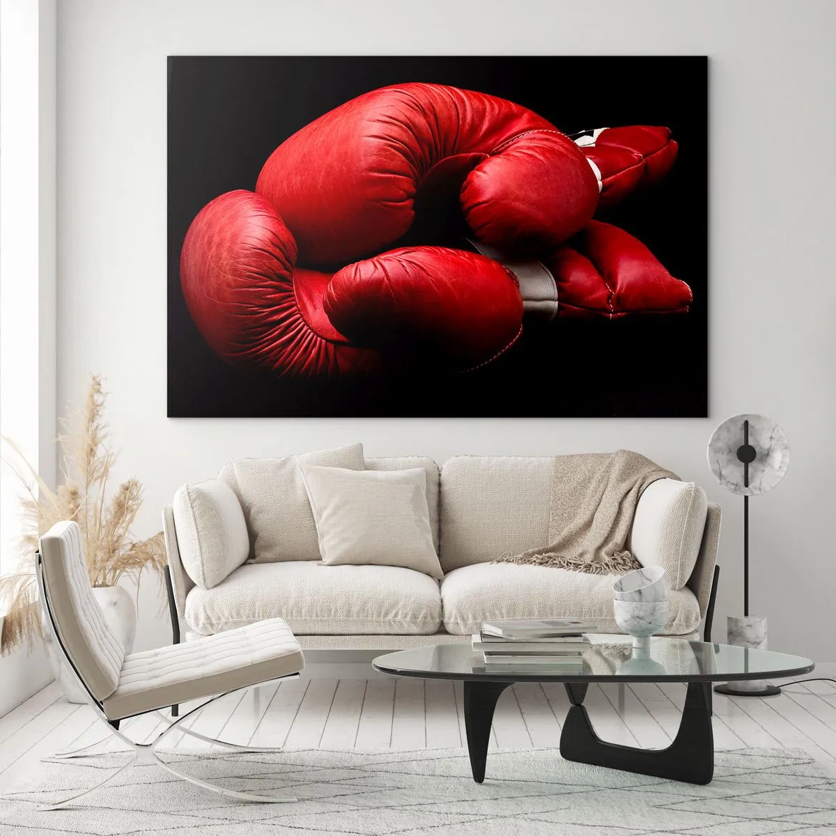 Obraz na szkle - Czerwone rękawice bokserskie na czarnym tle - 100x70cm - Emocje walki za nami - Nowoczesna dekoracja ścienna do salonu, kuchni i sypialni ARTTOR