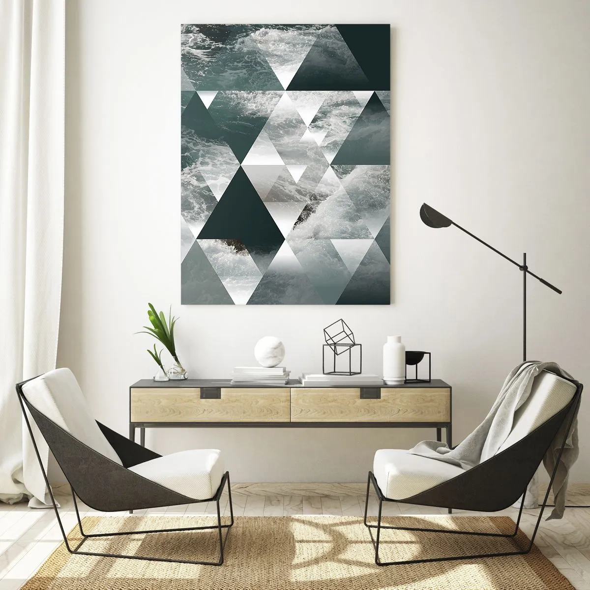 Obraz na szkle - Abstrakcyjna kompozycja trójkątów z motywem fal wodnych - 50x70cm - Kryształowa perspektywa - Nowoczesna dekoracja ścienna do salonu, kuchni i sypialni ARTTOR