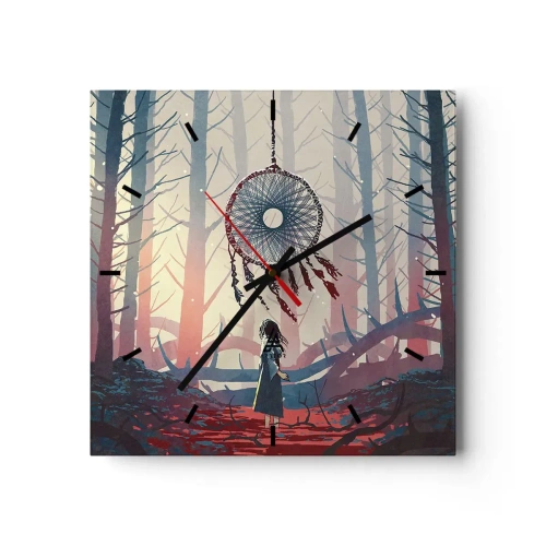 Zegar ścienny - Leśna scena z wielkim łapaczem snów - 30x30cm - Tajemny rytuał szczęścia - Nowoczesna dekoracja ścienna do salonu i sypialni ARTTOR