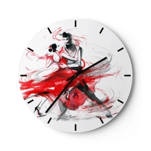Zegar ścienny - Tancerze tańczący tango w czerwieni, dynamiczne akwarelowe pociągnięcia - 30x30cm - Tango - rytm namiętności - Nowoczesna dekoracja ścienna do salonu, kuchni i sypialni ARTTOR