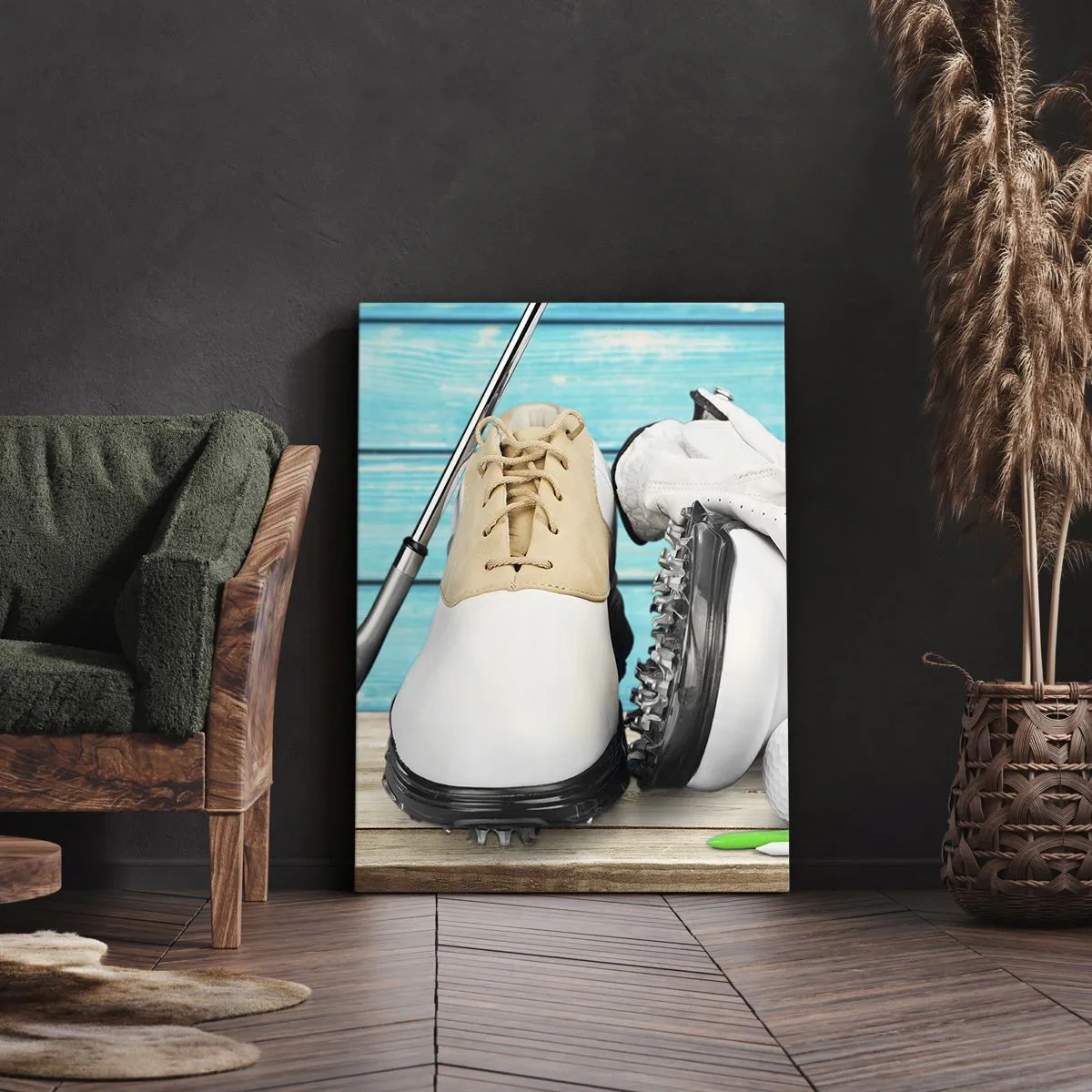 Obraz na płótnie - Zestaw akcesoriów golfowych na drewnianym tle - 80x120cm - Wszystko gotowe - Nowoczesna dekoracja ścienna do salonu i sypialni ARTTOR