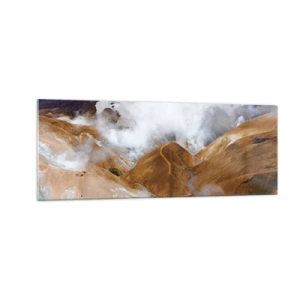 Obraz na szkle - Górski krajobraz z parą wodną w surowym klimacie - 140x50cm - Surowa uroda Islandii - Nowoczesna dekoracja ścienna do salonu i sypialni ARTTOR