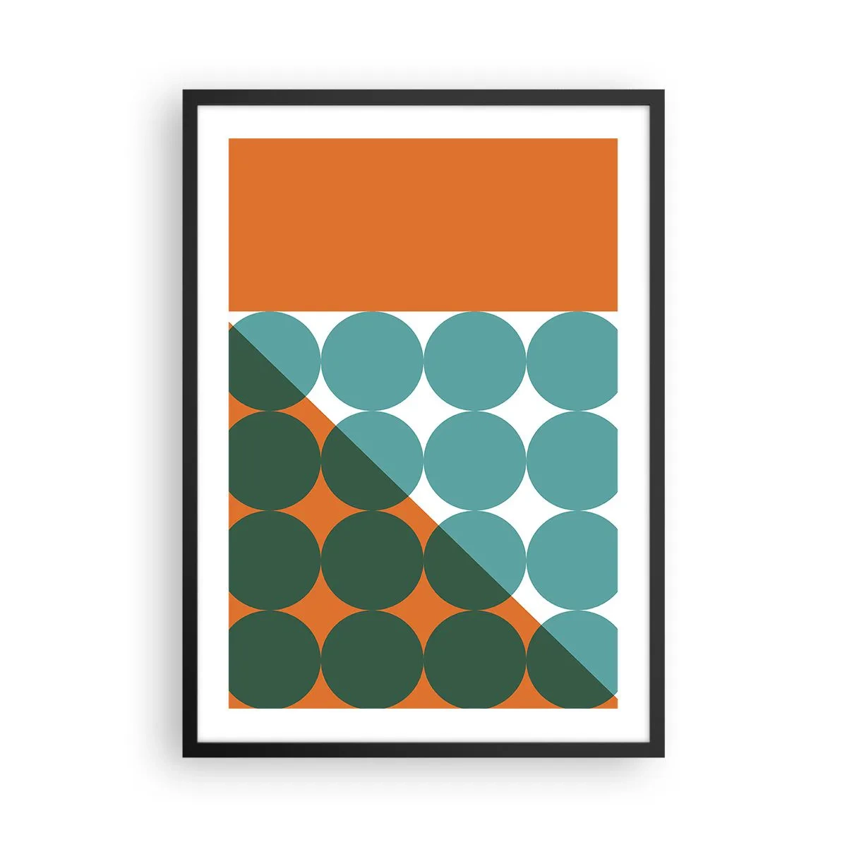 Plakat w czarnej ramie - Abstrakcyjna kompozycja geometryczna z kołami w odcieniach pomarańczowego i zielonego - 50x70cm - W górę i na skos - Nowoczesna dekoracja ścienna do salonu i sypialni ARTTOR