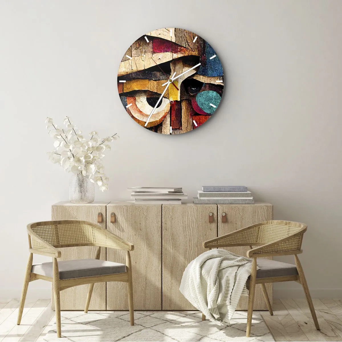 Zegar ścienny - Kolorowa twarz w stylu drewnianej mozaiki z geometrycznych kształtów - 30x30cm - Widzę cię… - Nowoczesna dekoracja ścienna do salonu, kuchni i sypialni ARTTOR