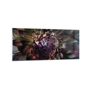 Obraz na szkle - Zbliżenie na kwiat dalii w ciemnych tonach - 120x50cm - Rozkwit młodości - Nowoczesna dekoracja ścienna do salonu i sypialni ARTTOR