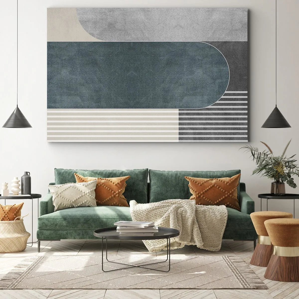 Obraz na płótnie - Geometryczna abstrakcja w odcieniach szarości i zieleni - 70x50cm - Kompozycja na poziomie - Nowoczesna dekoracja ścienna do salonu i sypialni ARTTOR