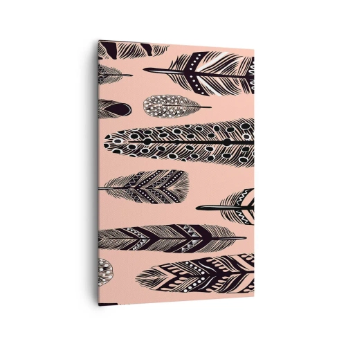 Obraz na płótnie - Dekoracyjne pióra na jasnym tle - 80x120cm - Indiańska kolekcja - Nowoczesna dekoracja ścienna do salonu i sypialni ARTTOR