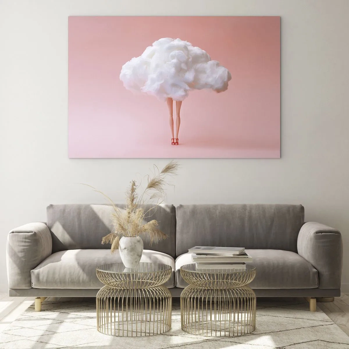 Obraz na szkle - Postać kobiety z chmurą zamiast sukienki na tle pastelowego różu - 100x70cm - Słodka obietnica - Nowoczesna dekoracja ścienna do salonu, kuchni i sypialni ARTTOR