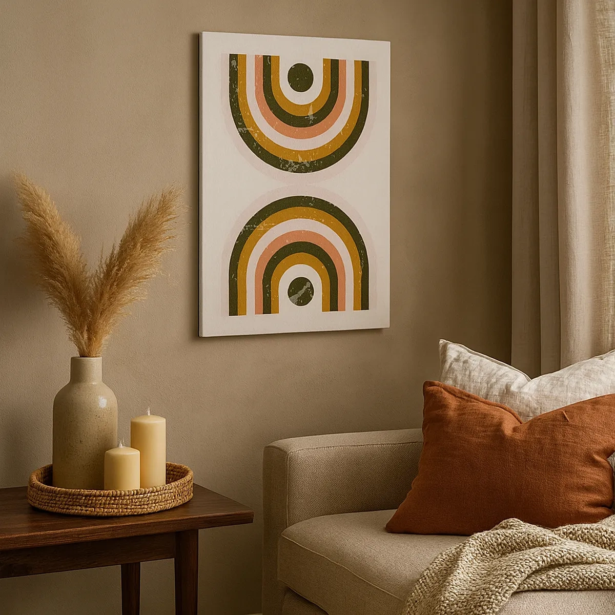 Obraz na płótnie - Symetryczna abstrakcja geometryczna w odcieniach ziemistych i pastelowych - 50x70cm - Abstrakcja bliźniacza - Nowoczesna dekoracja ścienna do salonu, kuchni i sypialni ARTTOR