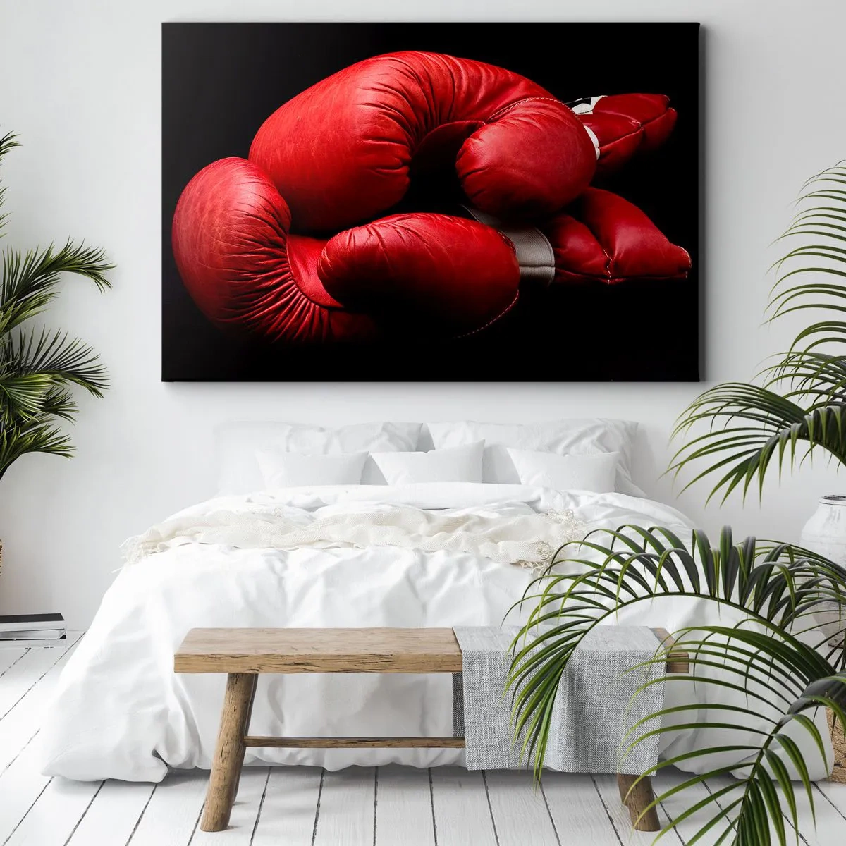 Obraz na płótnie - Czerwone rękawice bokserskie na czarnym tle - 70x50cm - Emocje walki za nami - Nowoczesna dekoracja ścienna do salonu i sypialni ARTTOR