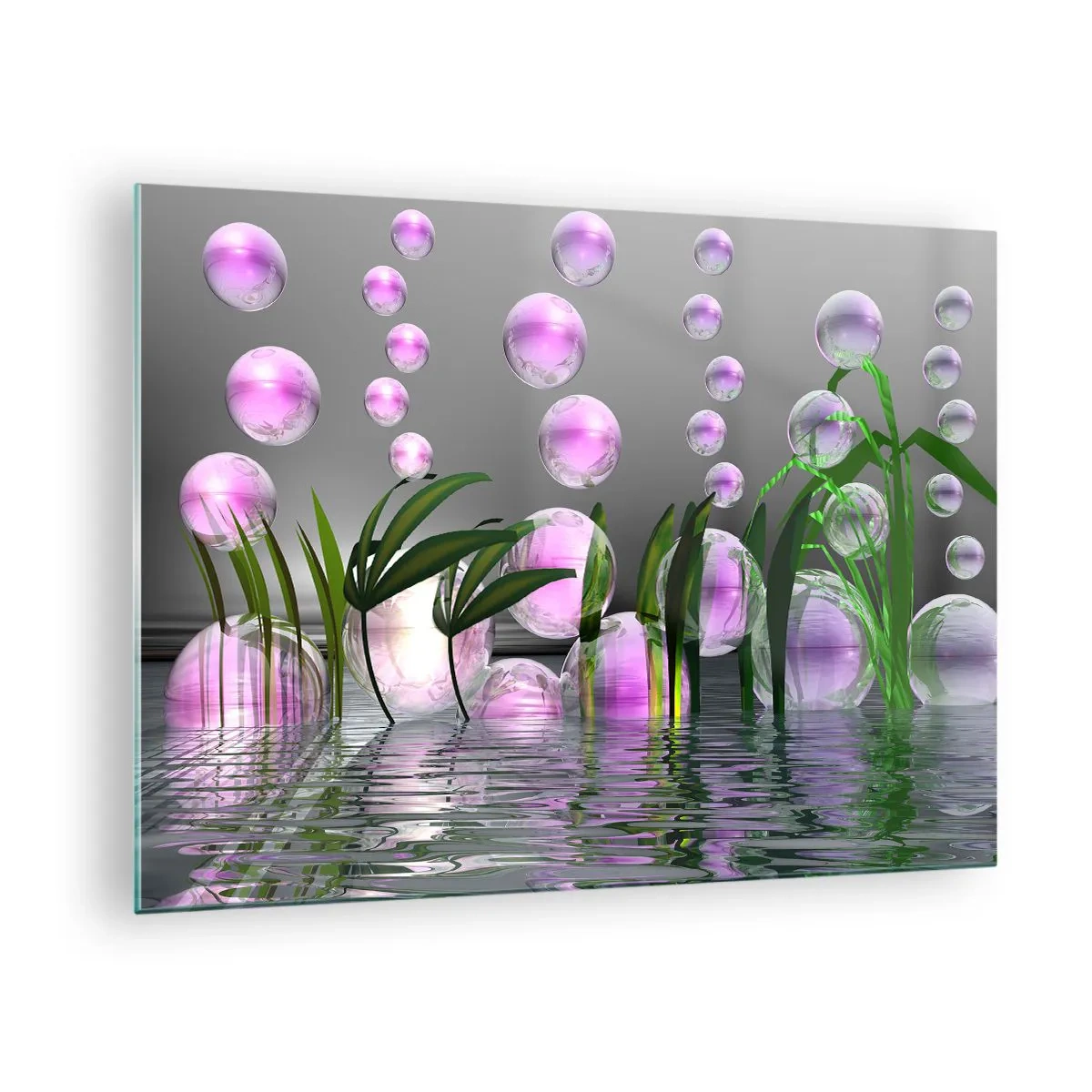 Obraz na szkle - Fioletowe bańki unoszące się nad wodą z roślinami - 70x50cm - Refleksyjna kompozycja lekkości i życia - Nowoczesna dekoracja ścienna do salonu i sypialni ARTTOR