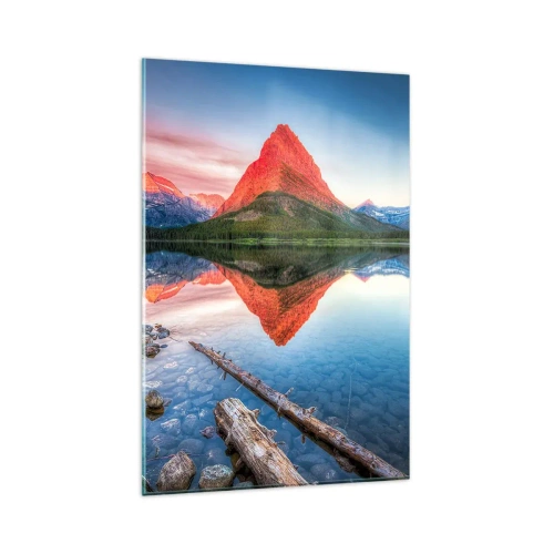 Obraz na szkle - Góra odbijająca się w jeziorze o zachodzie słońca - 80x120cm - Żar i chłód - Nowoczesna dekoracja ścienna do salonu i sypialni ARTTOR