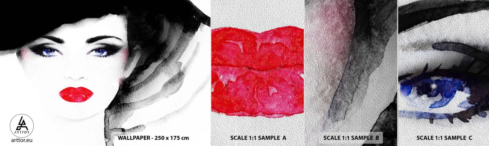 Fototapeta Próbka Premium Sand - Odpycha i przyzywa - Twarz Kobiety, Czerwone Usta, Niebieskie Oczy - 100x30 cm