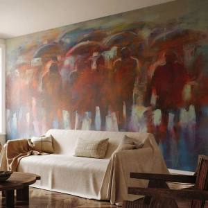 Fototapeta Premium Canvas - Tłum ludzi z parasolami w deszczowej, artystycznej scenerii - 100x70cm - Równi w deszczu i mgle - Nowoczesna dekoracja ścienna do salonu i sypialni ARTTOR