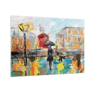 Obraz na szkle - Kobieta z parasolem na tle miasta w stylu impresji - 100x70cm - Paryskie legendy - Nowoczesna dekoracja ścienna do salonu, kuchni i sypialni ARTTOR